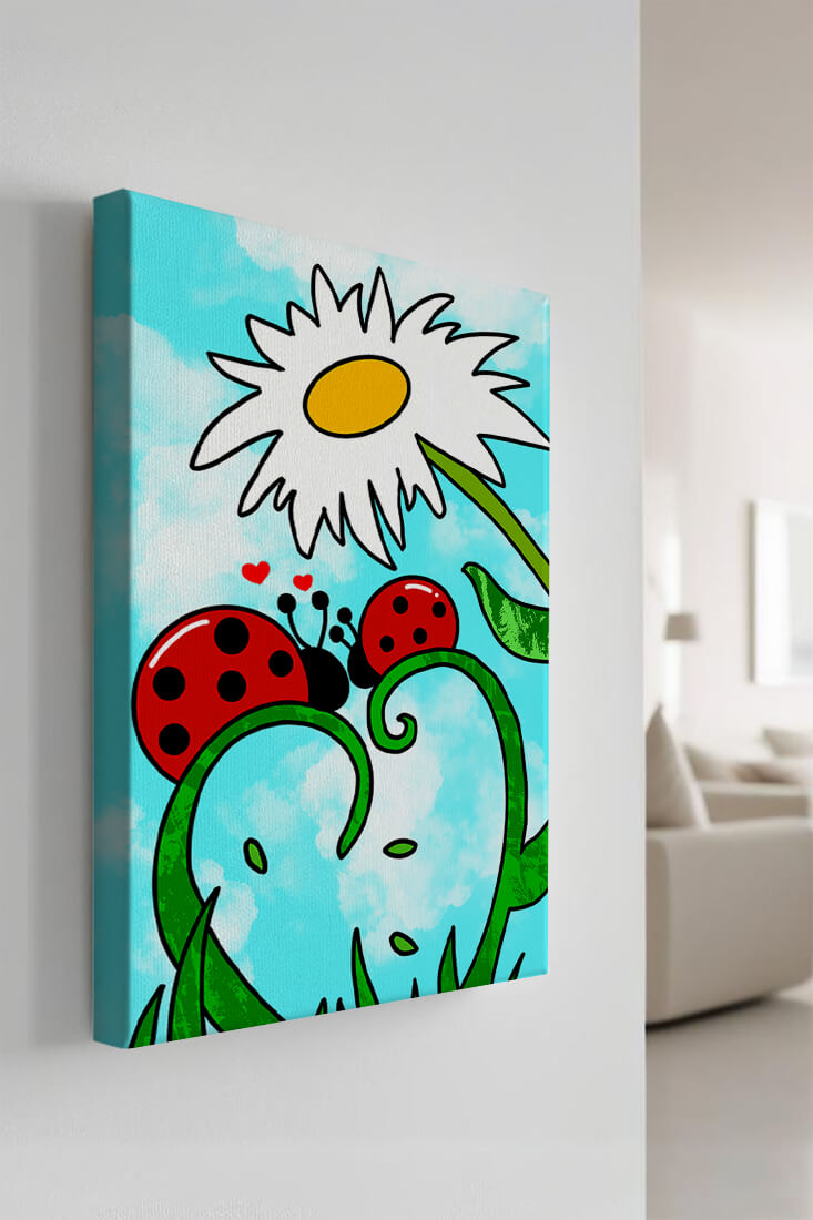 Ladybugs in love beneath a daisy on a bright sky