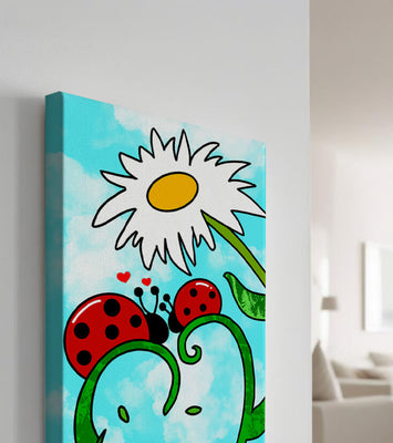 Ladybugs in love beneath a daisy on a bright sky