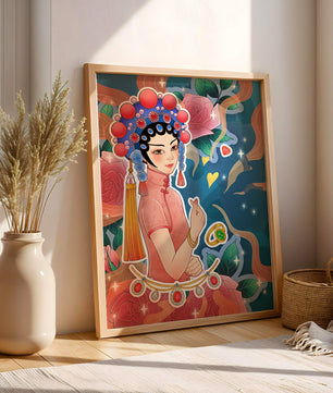 Traditional Asian-inspired illustration with jewelry and floral accents