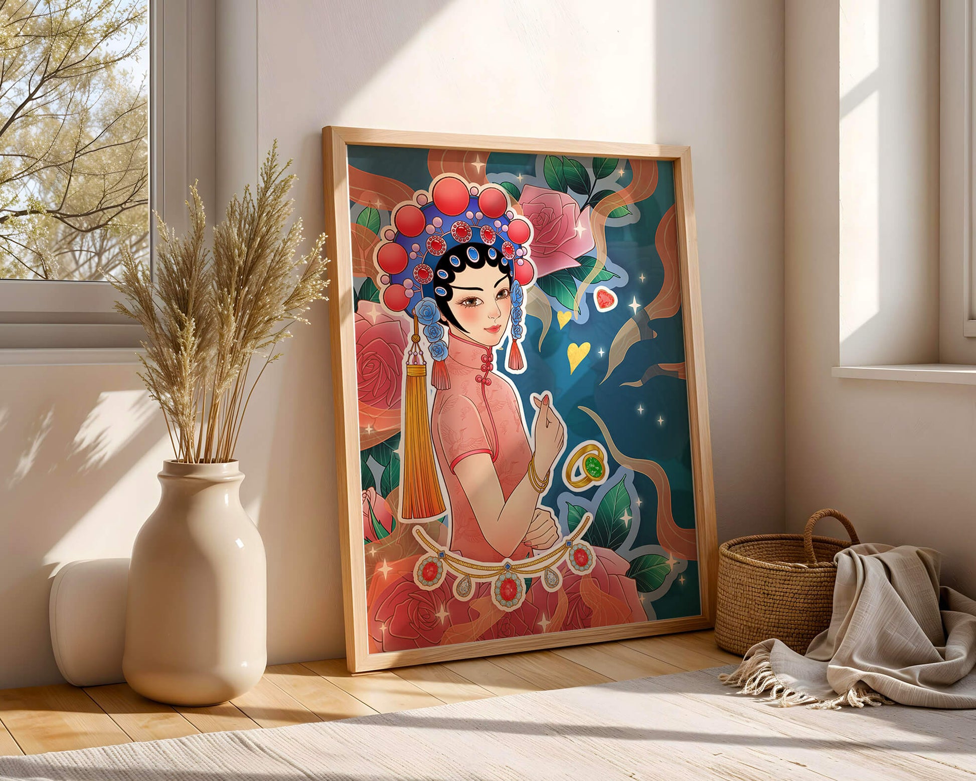 Traditional Asian-inspired illustration with jewelry and floral accents