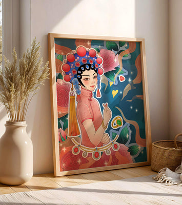 Traditional Asian-inspired illustration with jewelry and floral accents