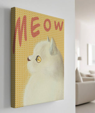 Profile View of a White Cat with Meow Text on Yellow Background