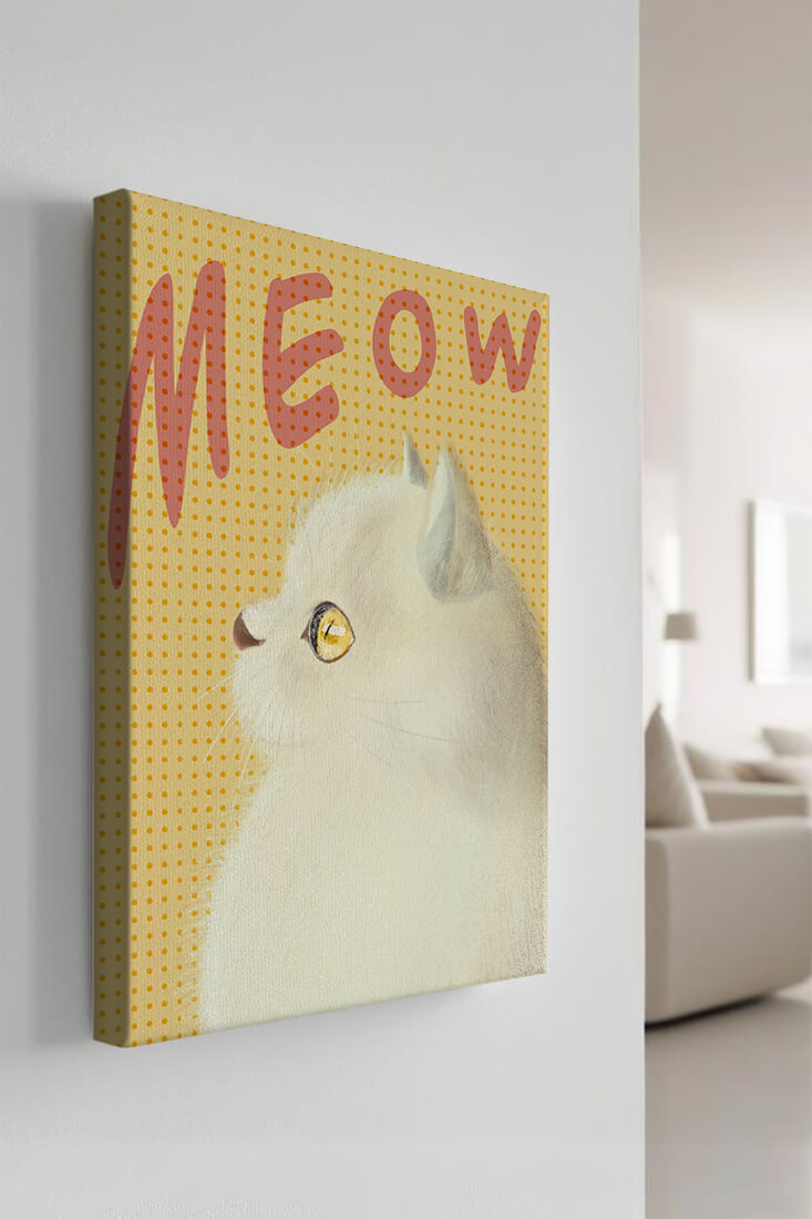 Profile View of a White Cat with Meow Text on Yellow Background