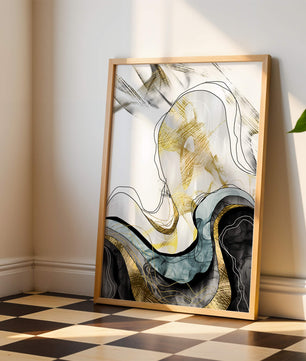 Arte abstracto con líneas fluidas y detalles dorados