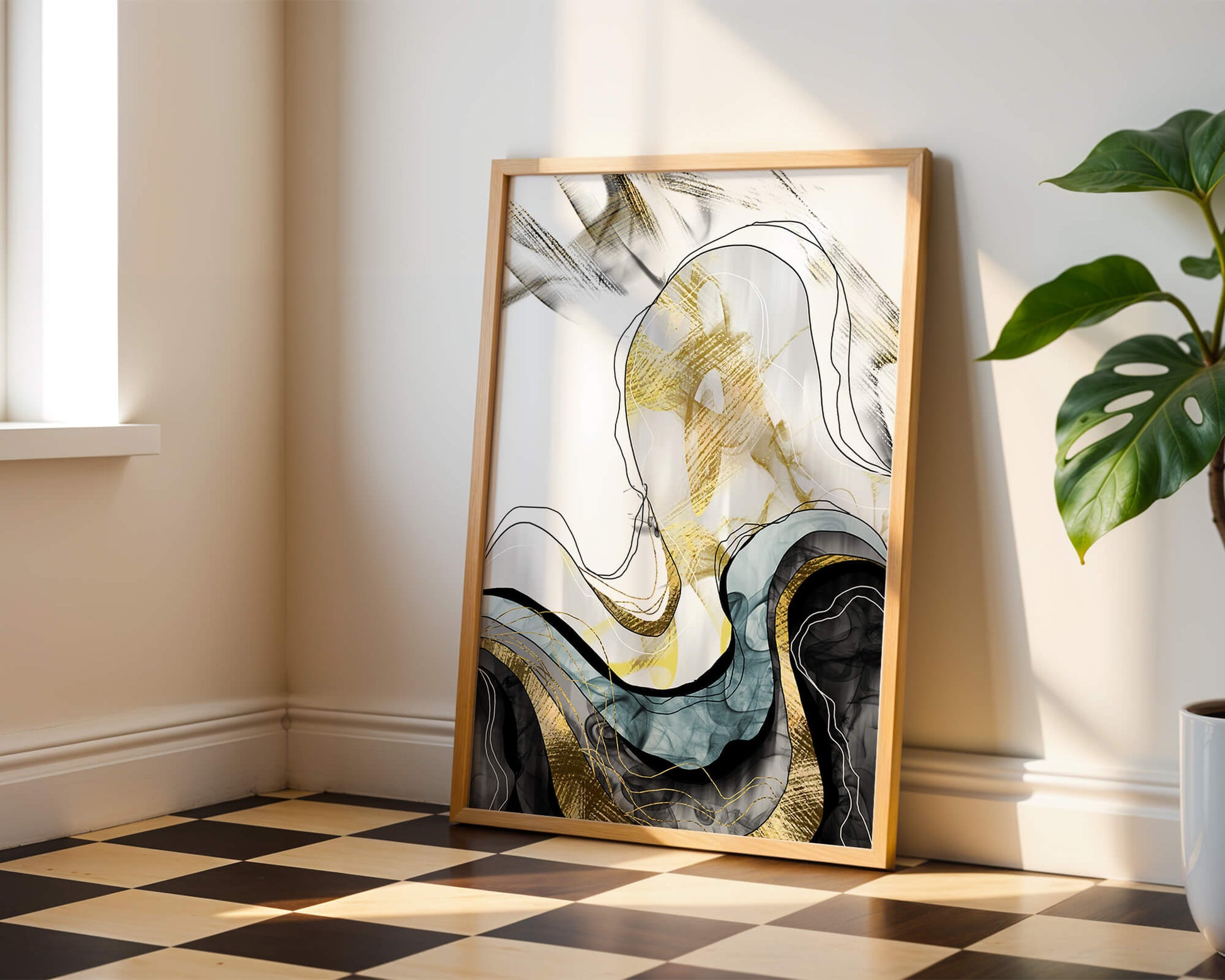 Arte abstracto con líneas fluidas y detalles dorados