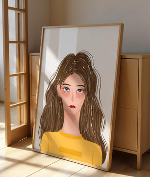 Illustrated portrait of a woman with long brown hair and expressive eyes