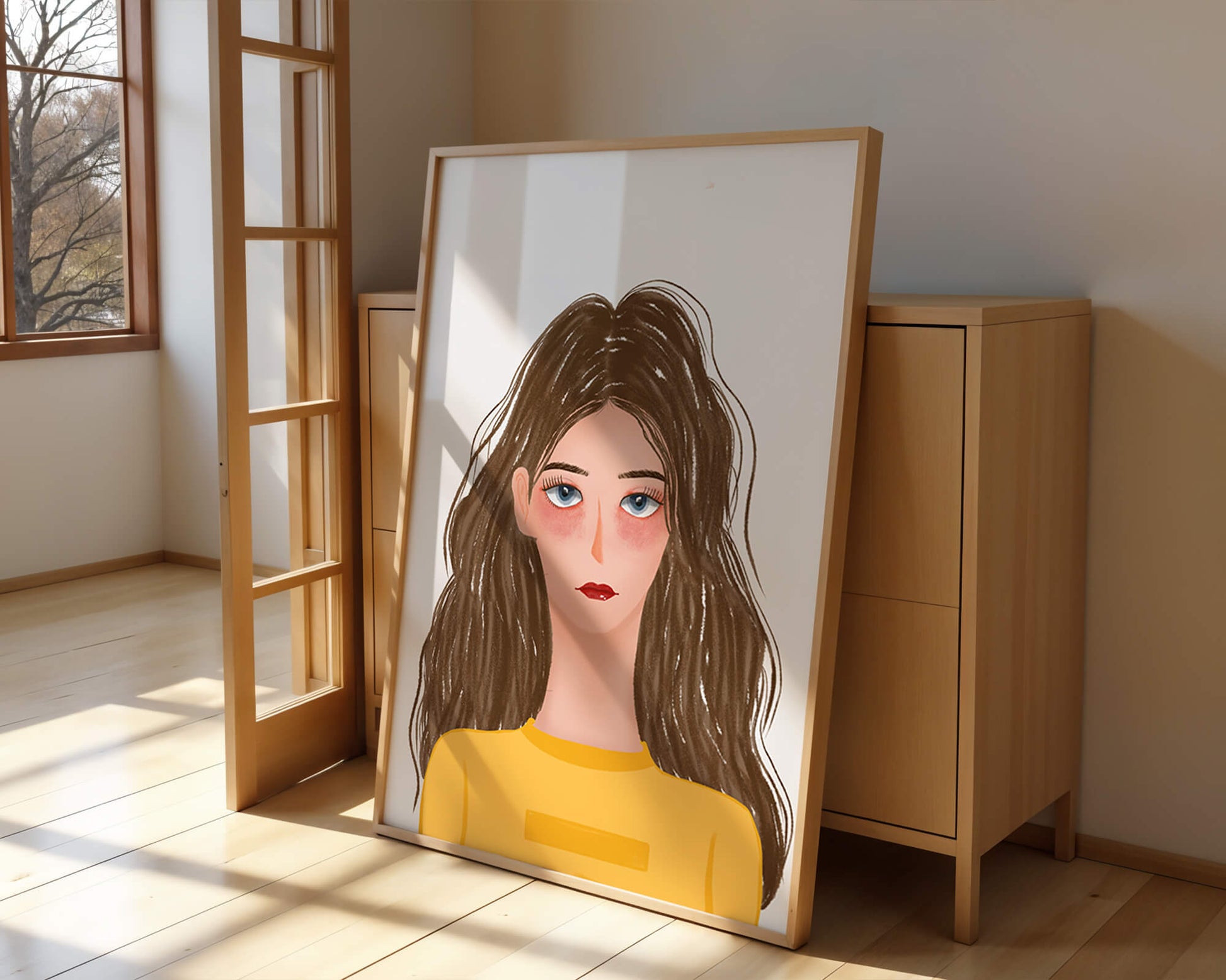 Illustrated portrait of a woman with long brown hair and expressive eyes