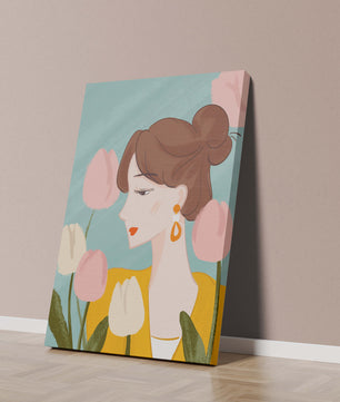 Serene woman surrounded by pastel tulips illustration