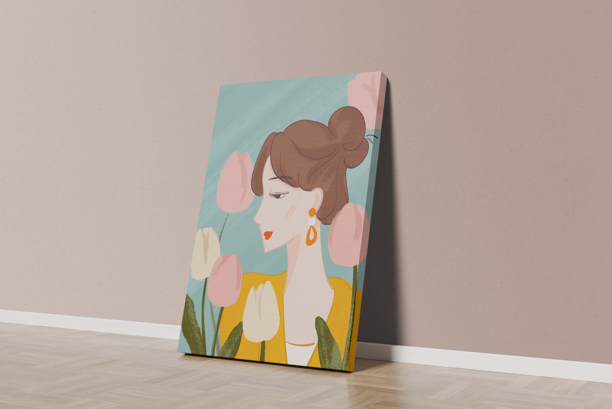 Serene woman surrounded by pastel tulips illustration