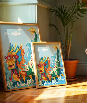 Ilustración vibrante de un dragón en un bote con remeros animados
