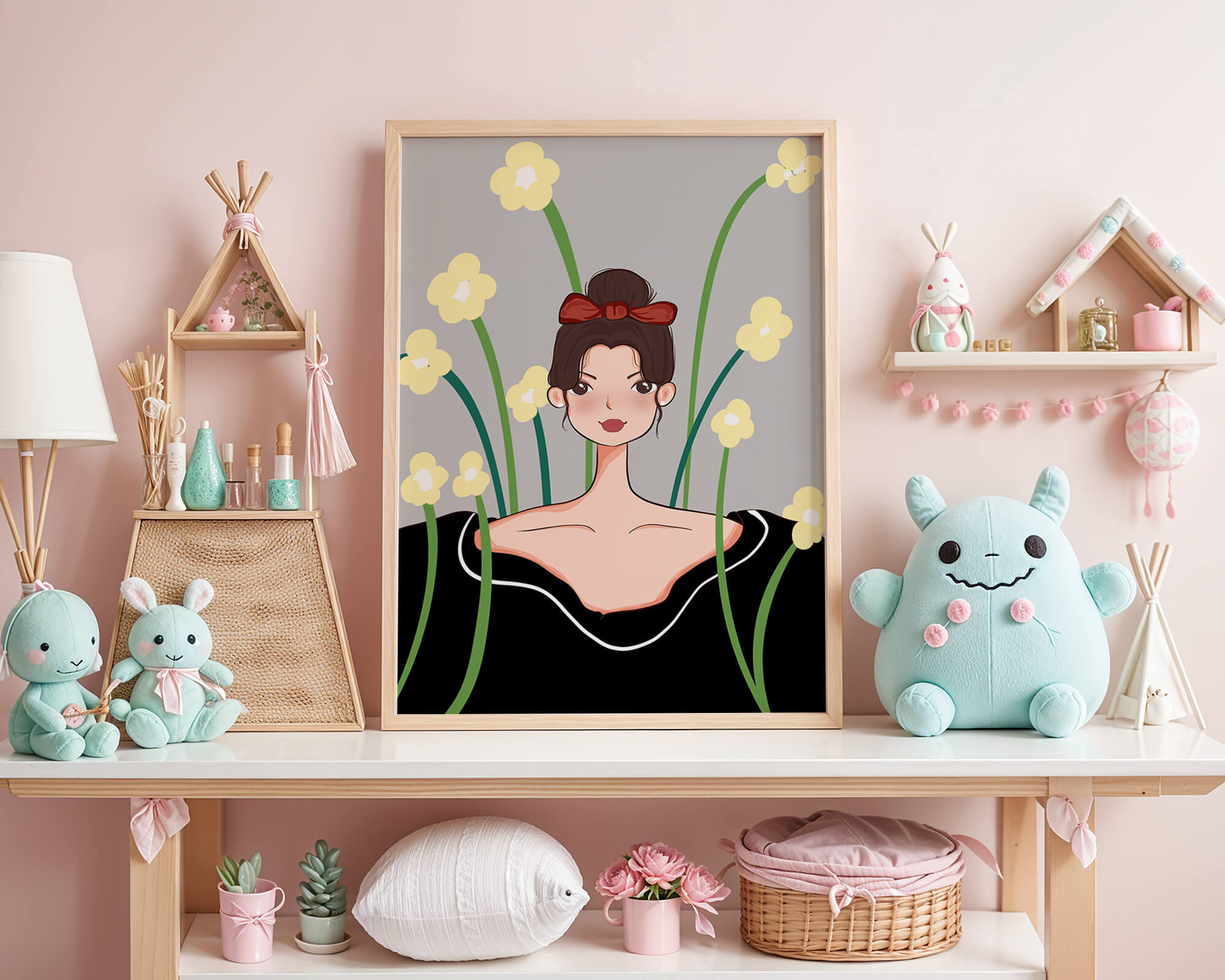 Illustration of a woman with floral background and red bow