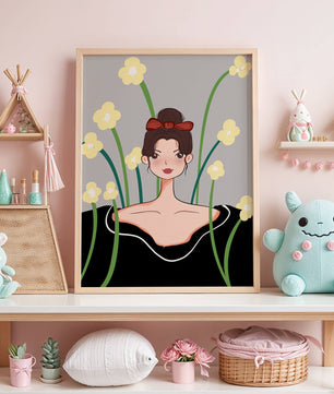 Ilustración de una mujer con fondo floral y lazo rojo