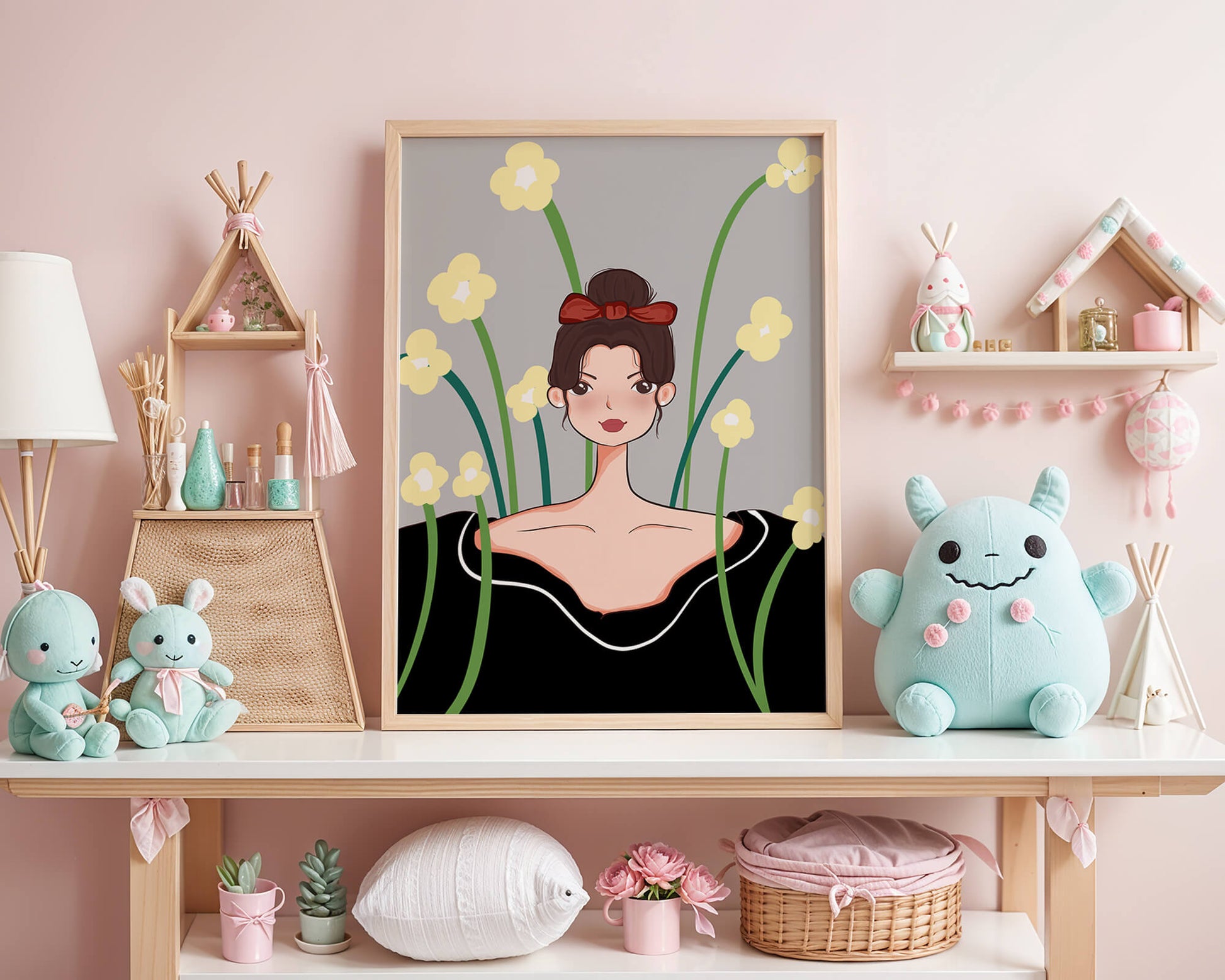 Illustration of a woman with floral background and red bow