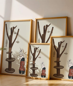 Illustration of a cat tree with a thoughtful cat in a sweater