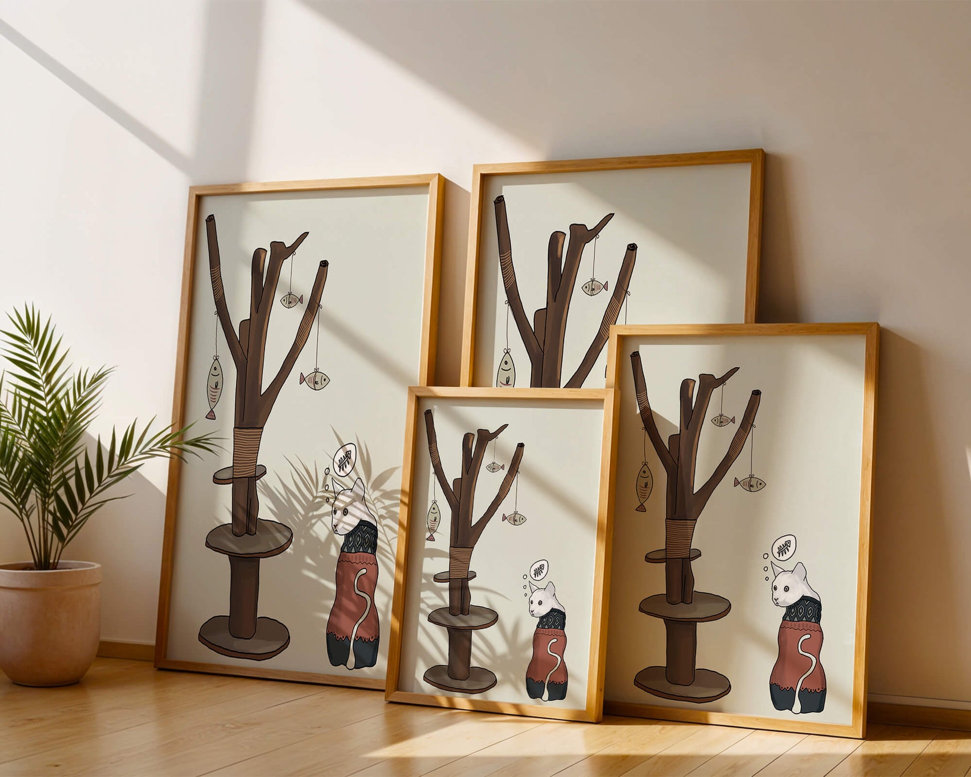Illustration of a cat tree with a thoughtful cat in a sweater