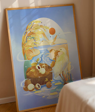 Serene landscape with a bird, fruit basket, and golden reeds under a bright sun