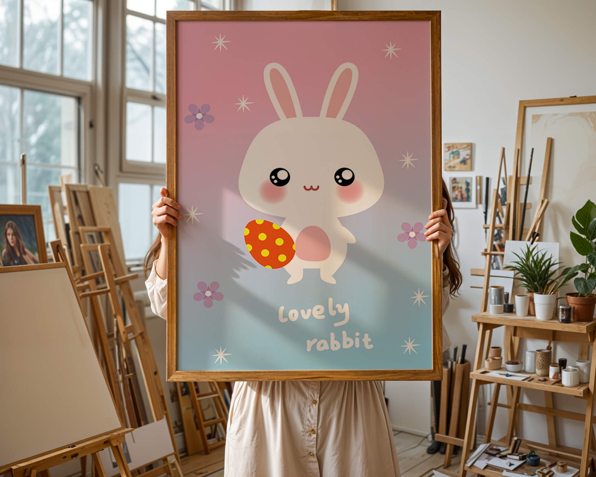 Adorable rabbit illustration with a colorful egg on a pastel background