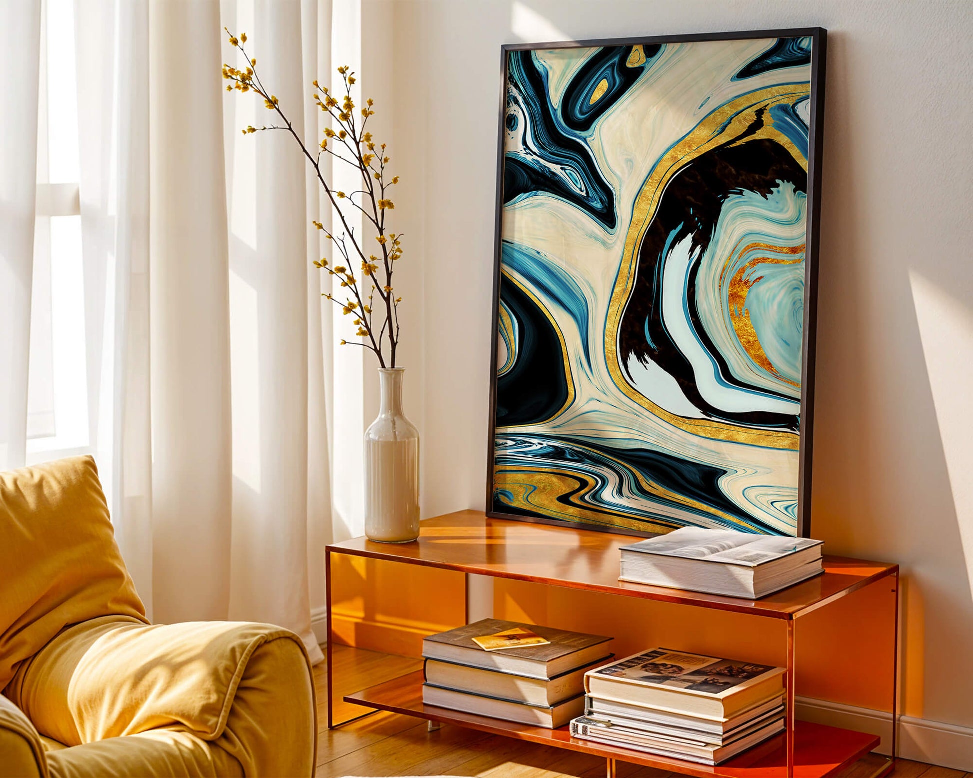 Abstract Marble Art with Gold Accents in Blue and Black Swirls