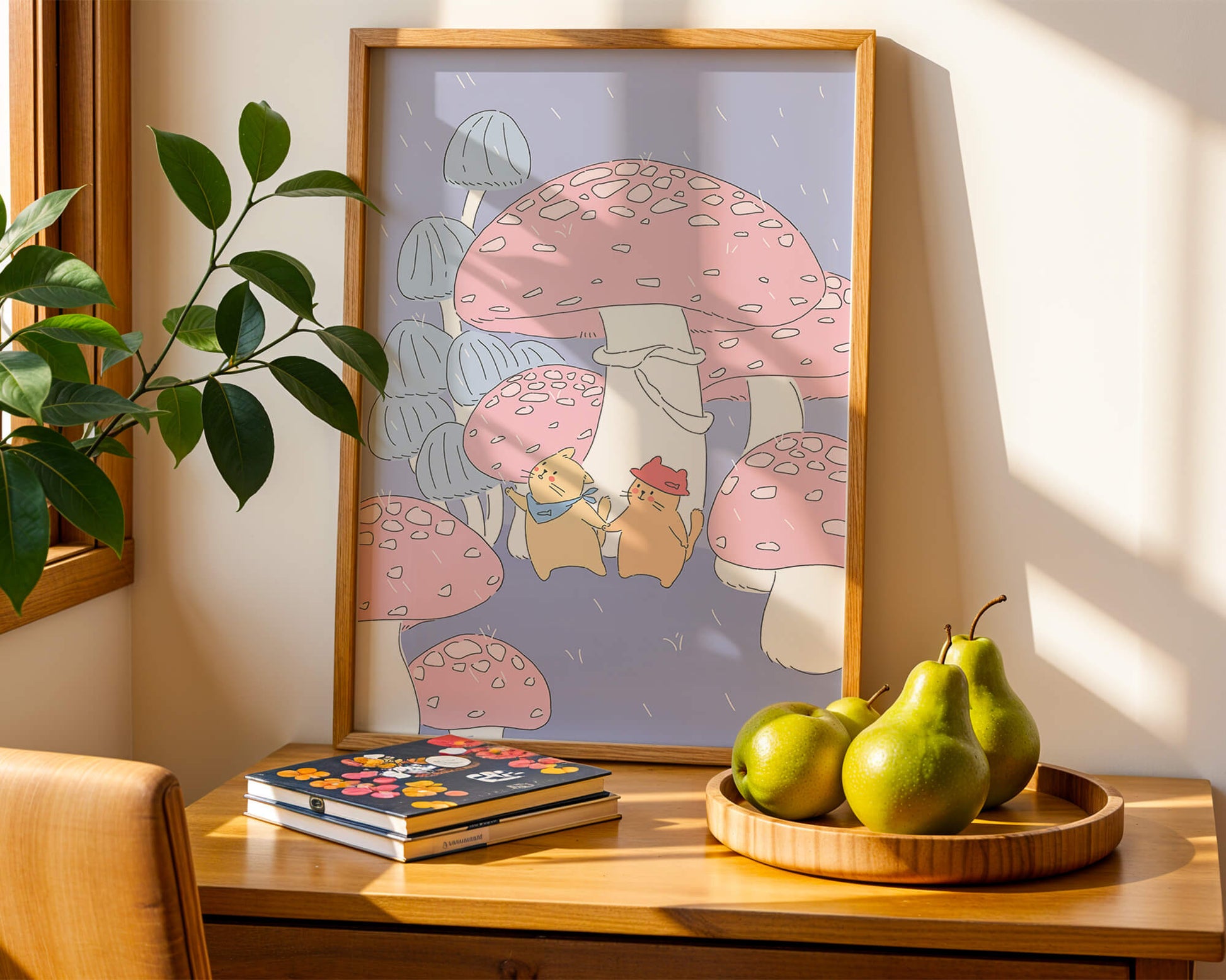 Charming illustration of cats among whimsical mushrooms