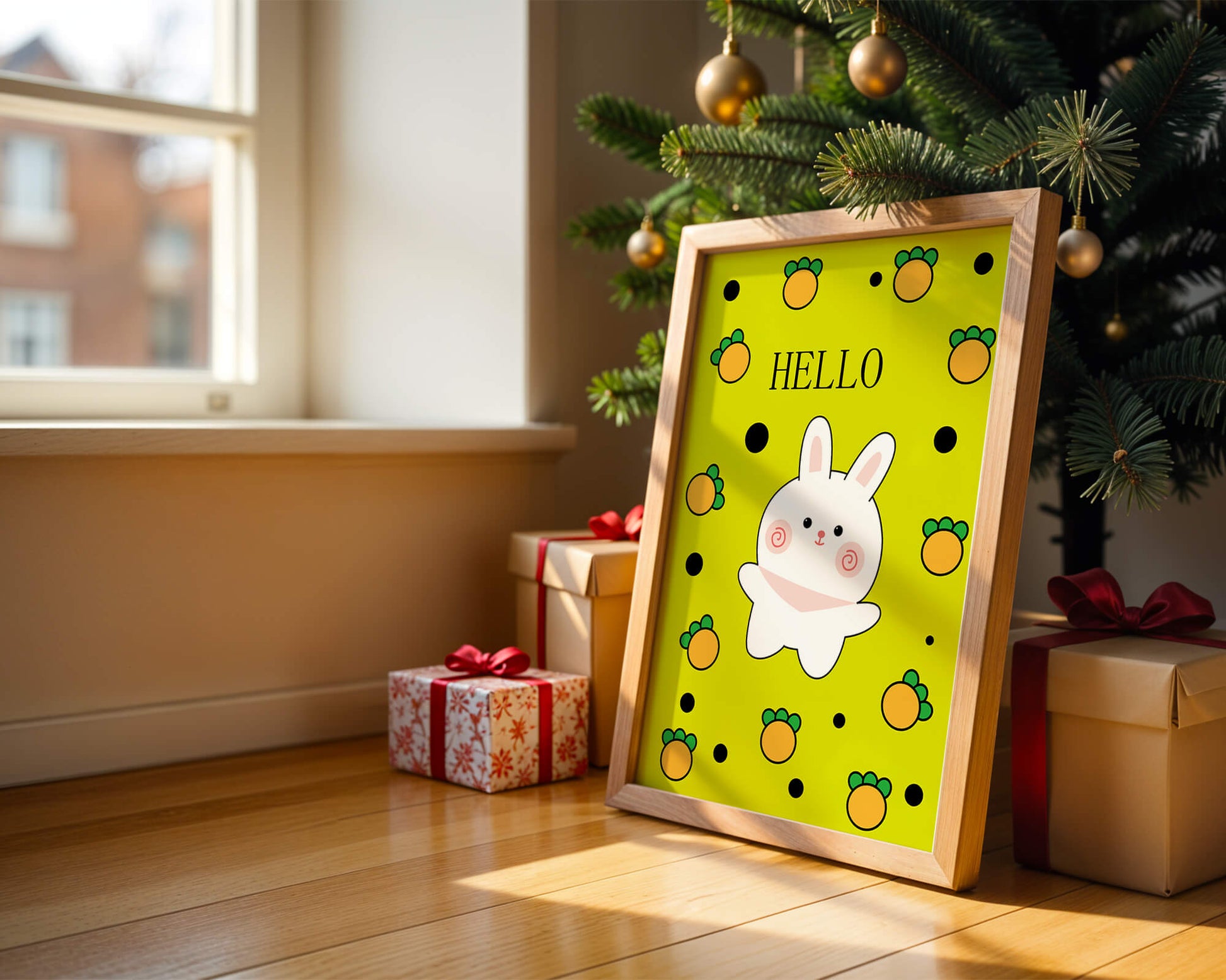 Charming rabbit cartoon illustration on yellow background with orange elements
