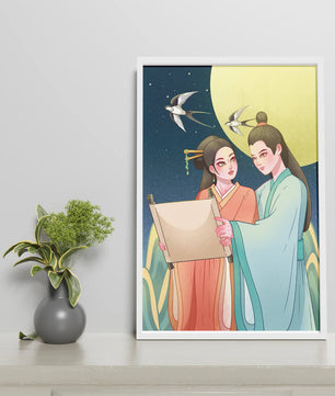 Elegant illustration of traditional attire with scroll and swallows under a full moon