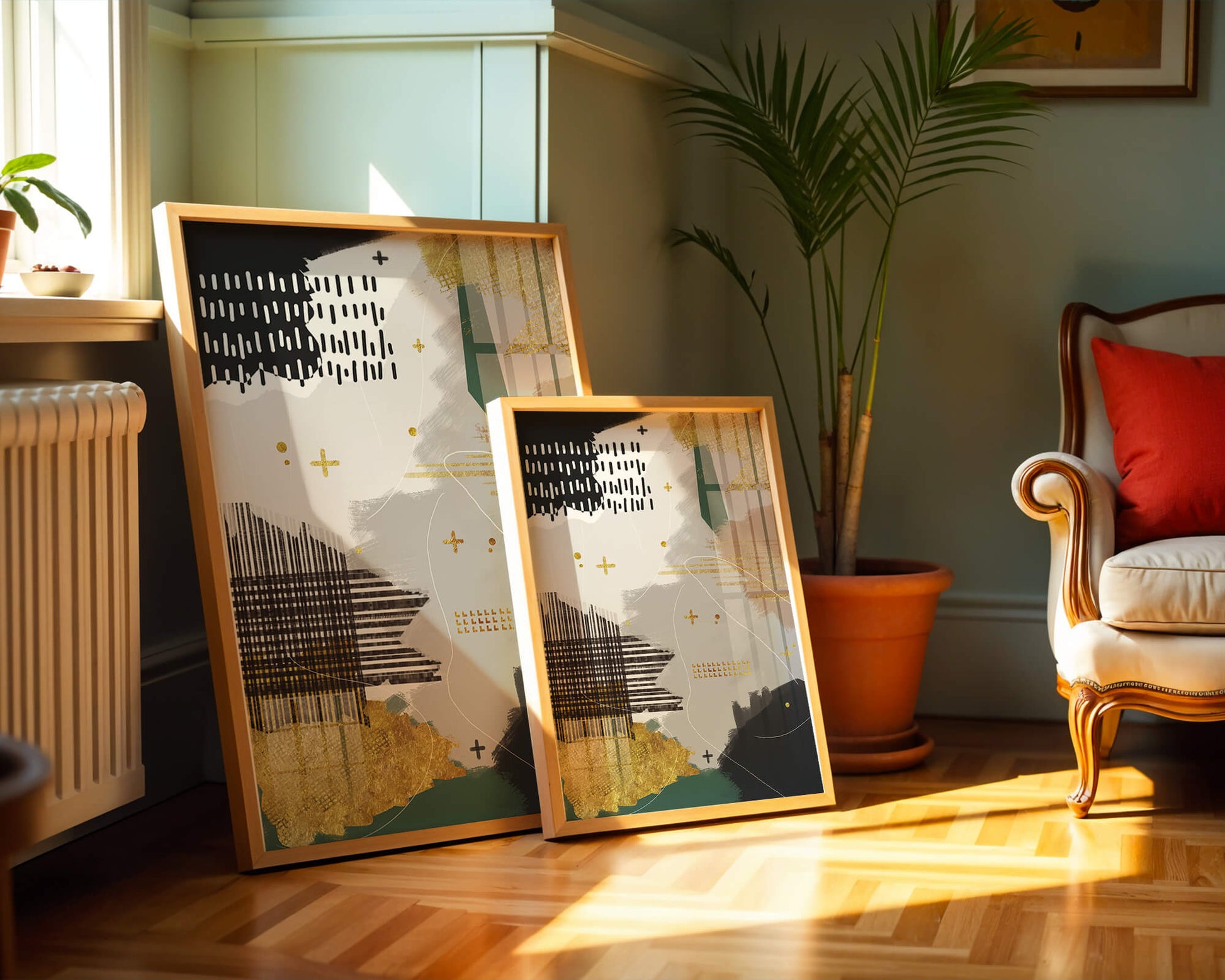 Abstract mixed media art with gold and geometric patterns
