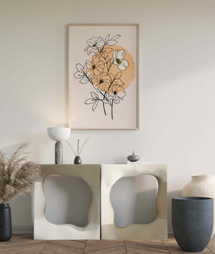 Ilustración floral minimalista con tonos pastel y fondos abstractos
