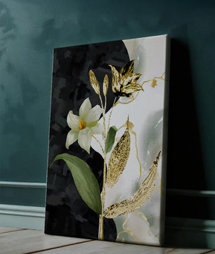 Diseño floral abstracto con detalles dorados y oscuros