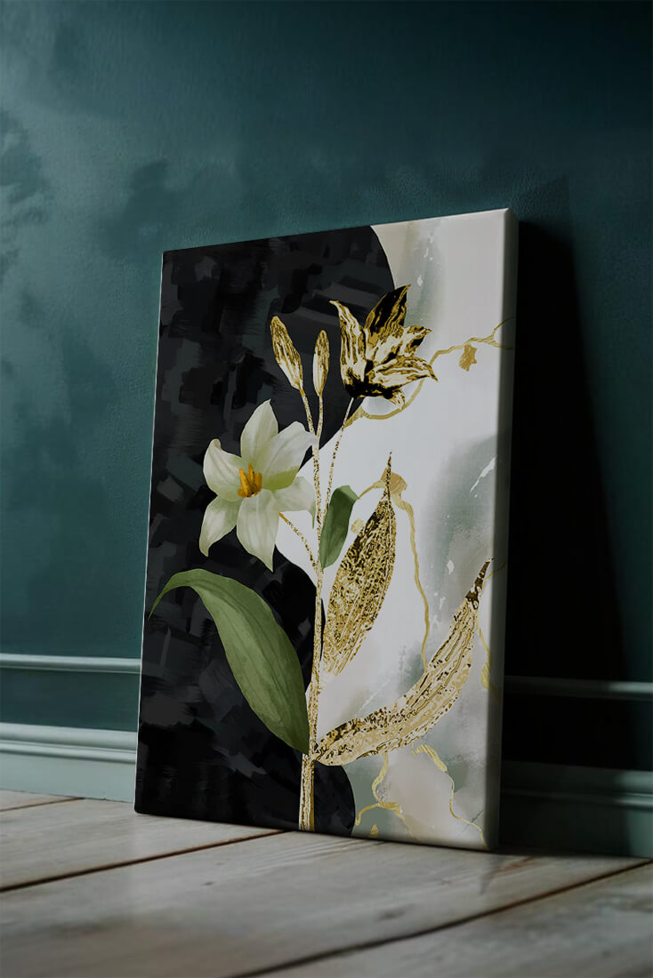 Diseño floral abstracto con detalles dorados y oscuros