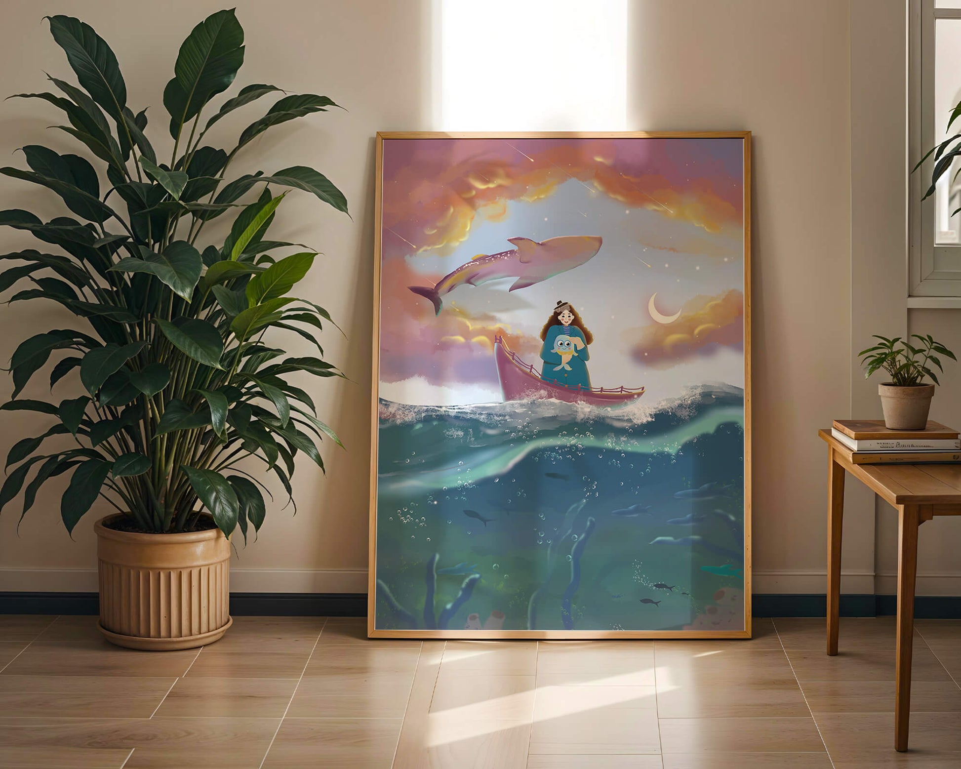 Whimsical illustration of a girl on a boat with a flying whale