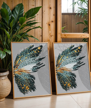 Ala de mariposa abstracta con detalles turquesa y dorados