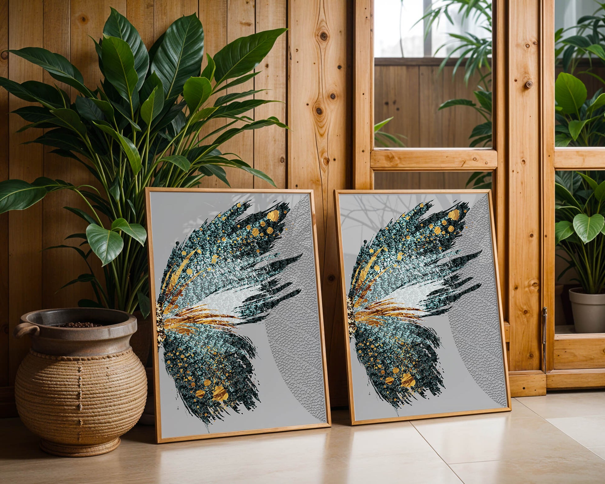 Ala de mariposa abstracta con detalles turquesa y dorados