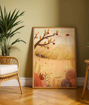Autumn landscape illustration with apple tree and sunrise in a serene field