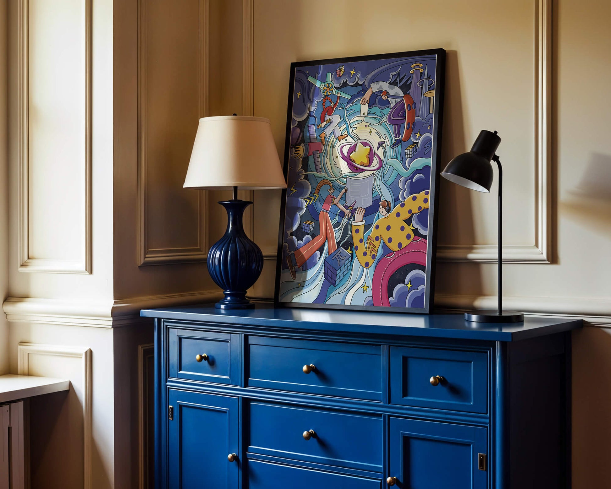 Colorful Cosmic Exploration with Animated Characters and Geometric Shapes