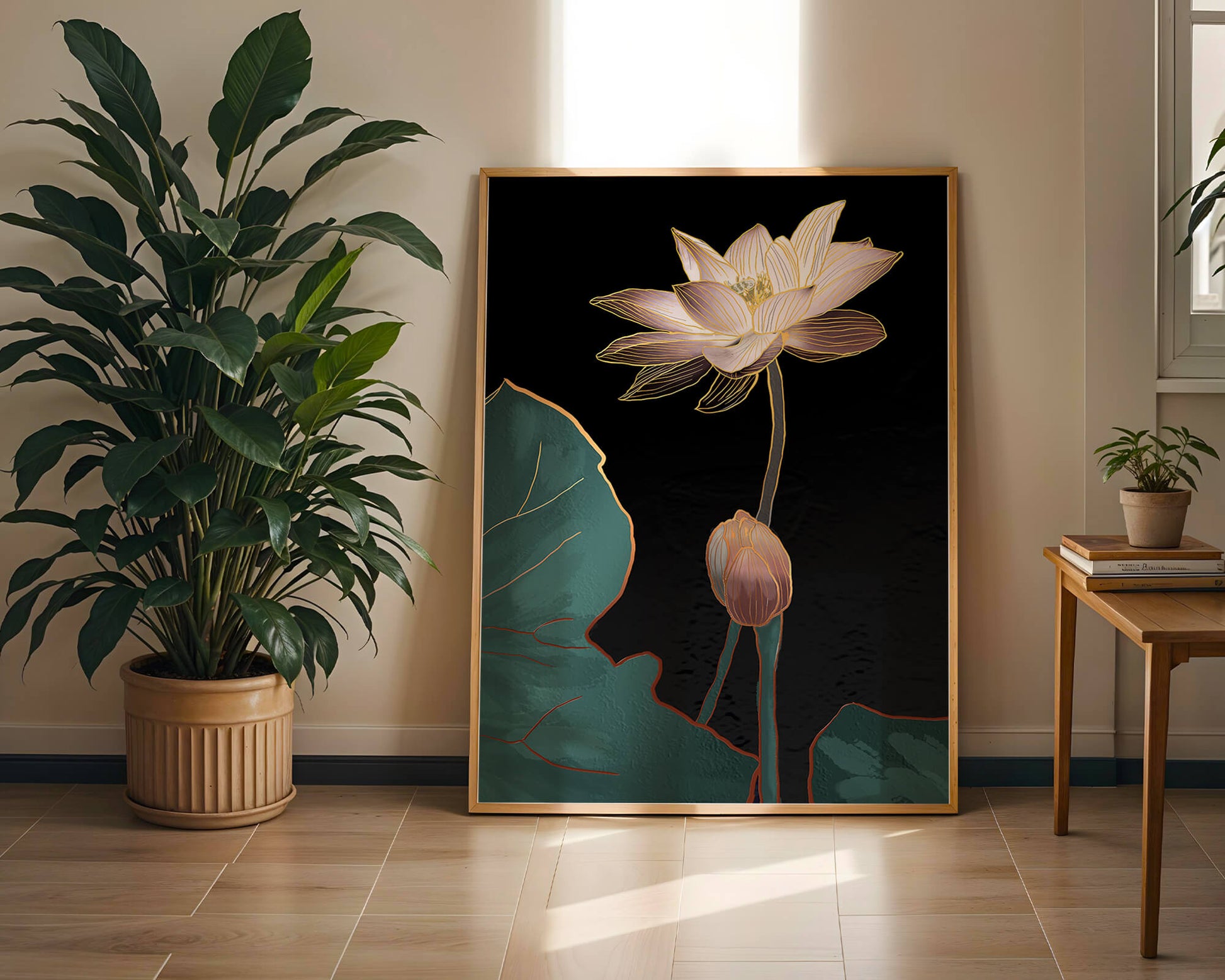 Flor de loto con acentos dorados sobre fondo oscuro.