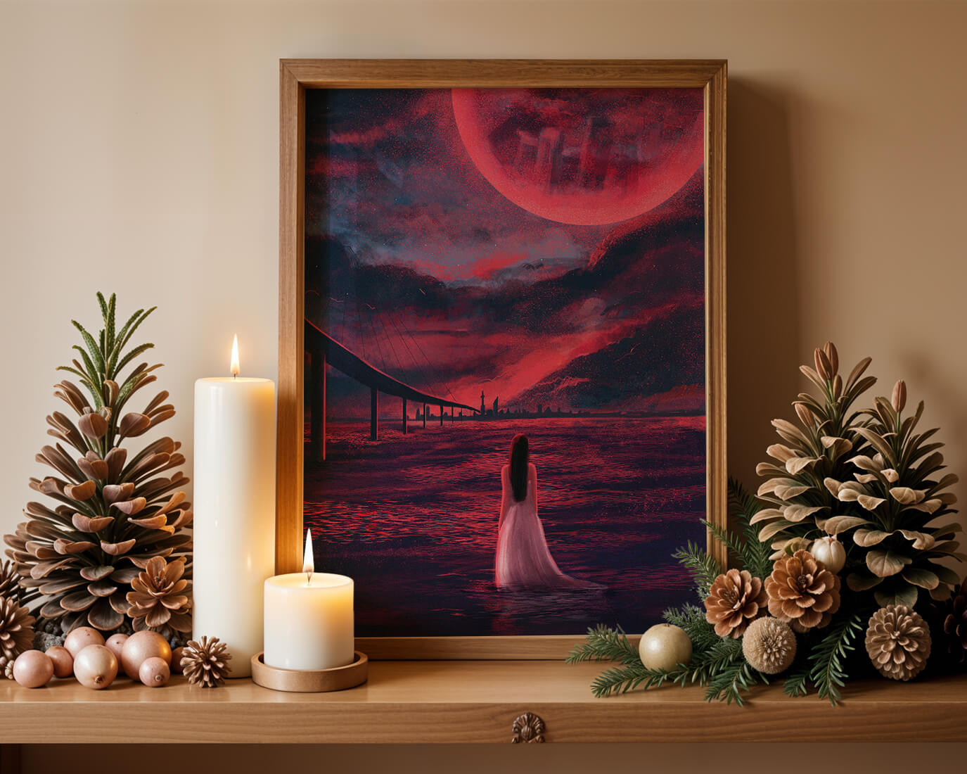 Dreamlike landscape with bridge and red night sky