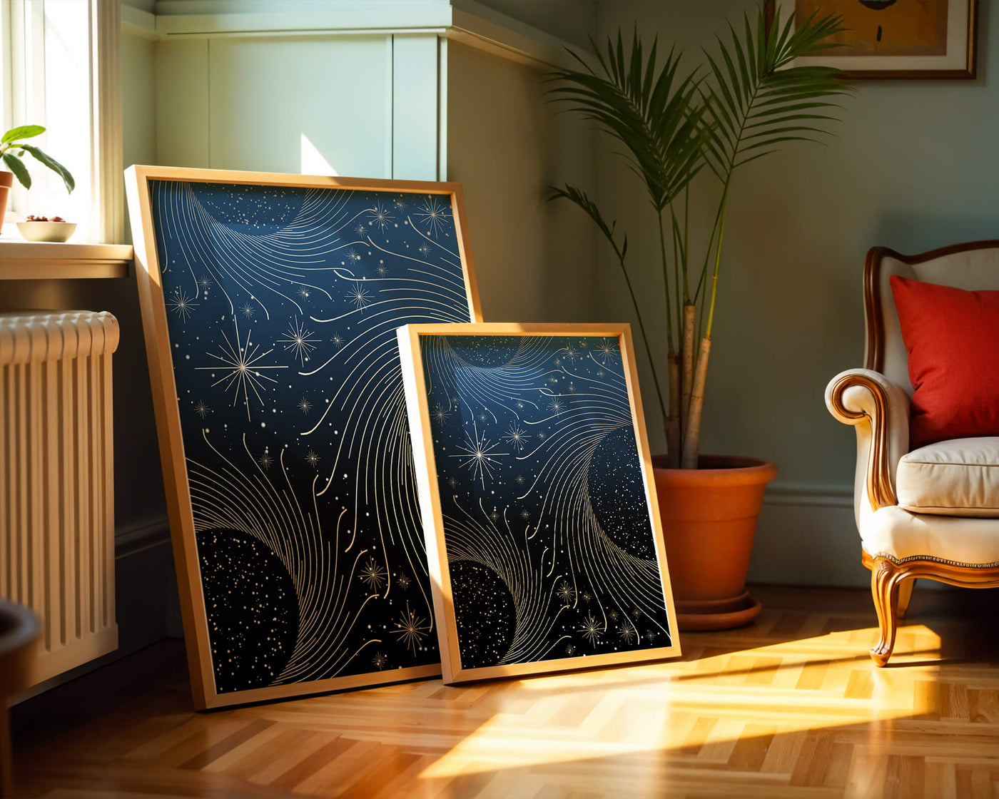 Elegant starry night with golden cosmic swirls