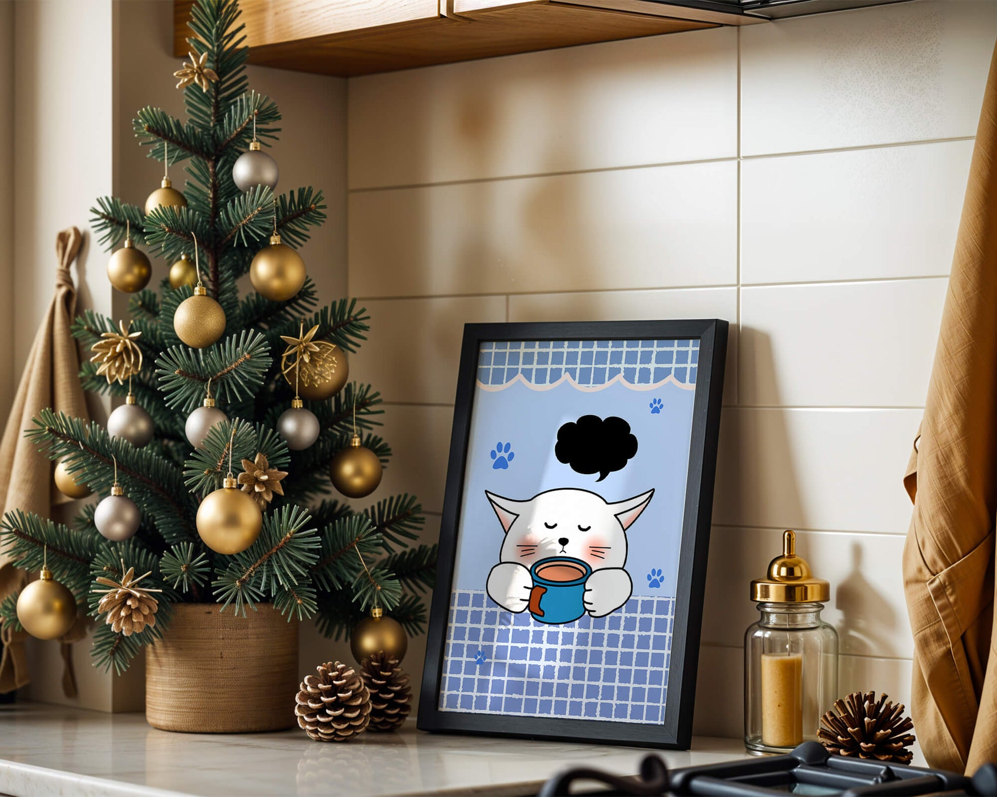 Cute cartoon cat with mug and speech bubble on blue background