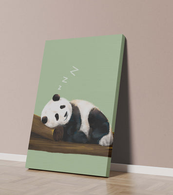 Peaceful panda resting on a log in a serene setting