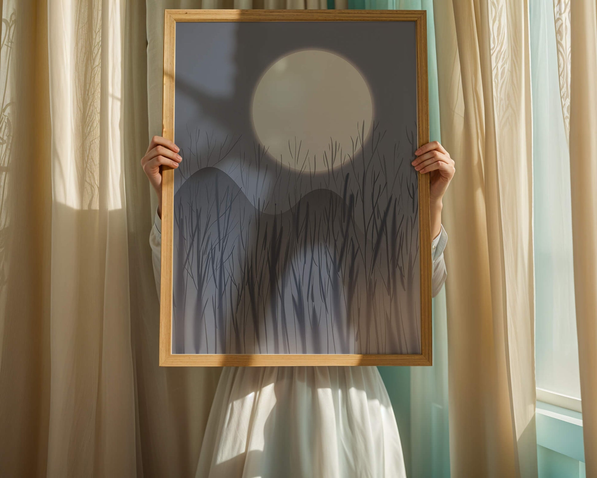 Ruhige Nachtlandschaft mit Vollmond und kahlen Bäumen