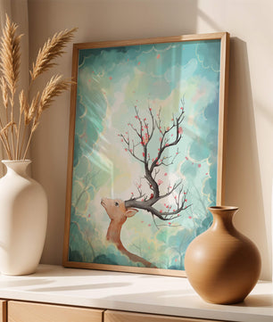 Ciervo surrealista con ramas como cuernos sobre fondo nublado en tonos pastel
