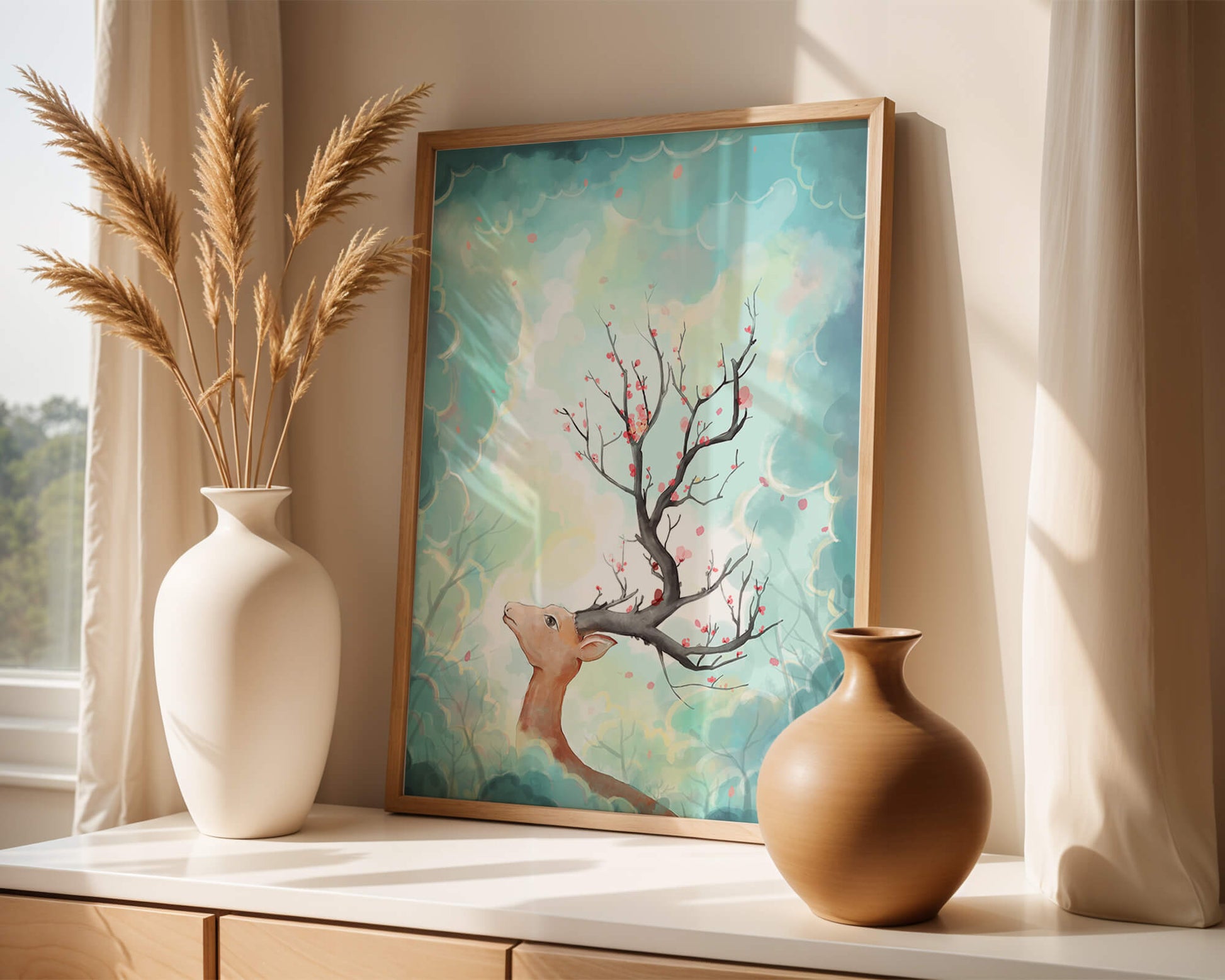 Surreal deer with branches for antlers in a pastel cloudy background