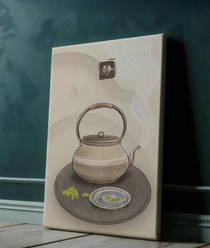 Traditional Japanese teapot with steaming tea and serene setting