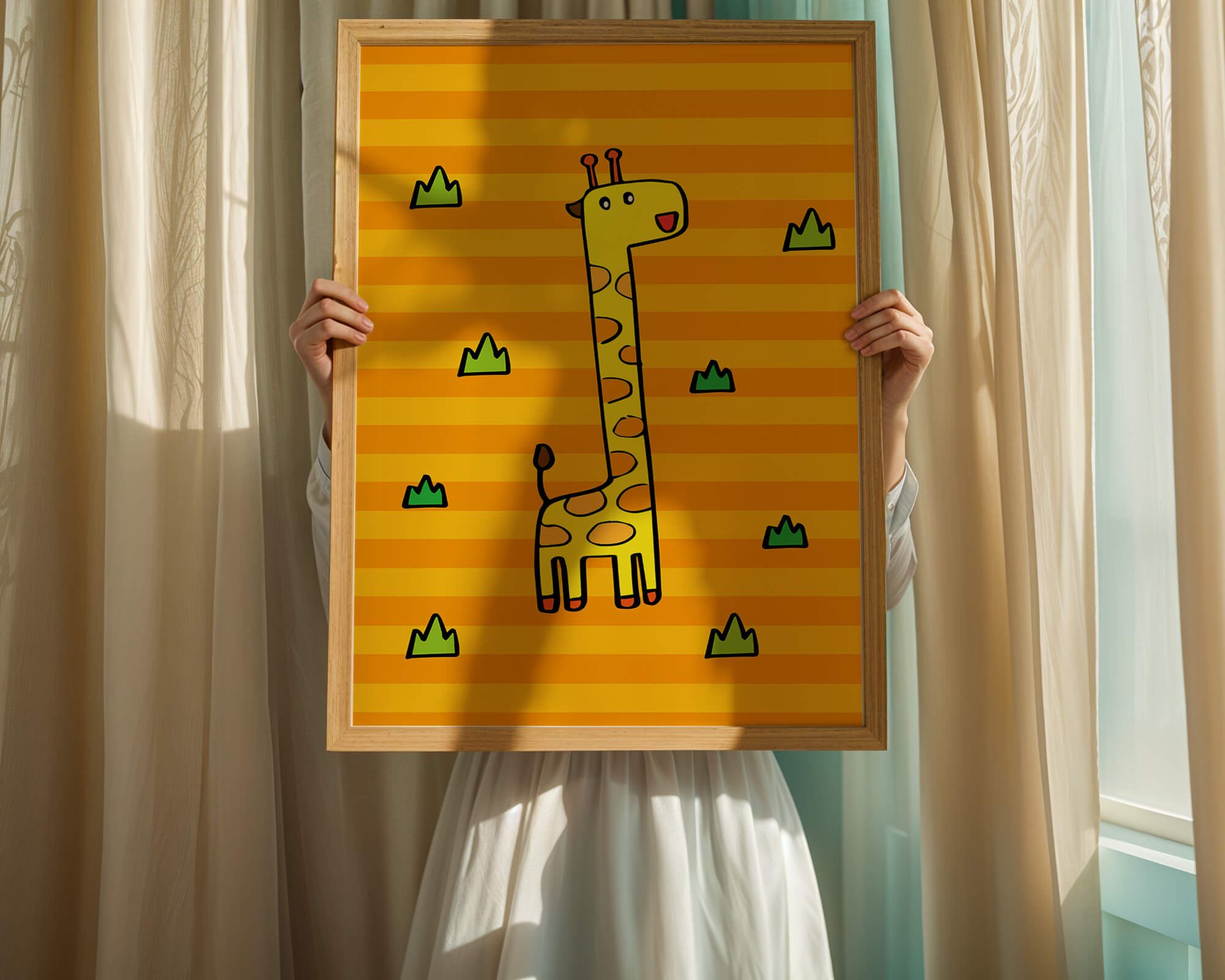 Bright cartoon giraffe illustration on a striped background