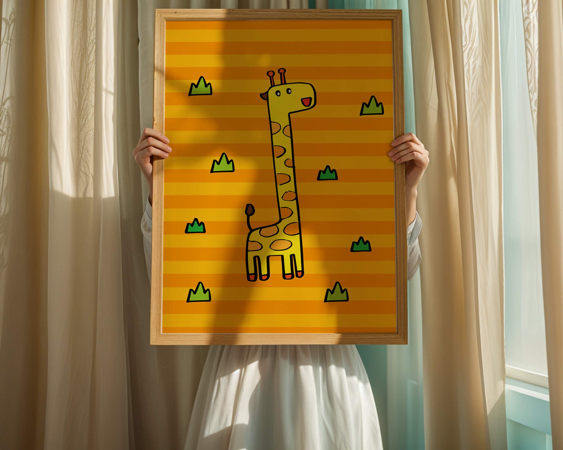 Bright cartoon giraffe illustration on a striped background