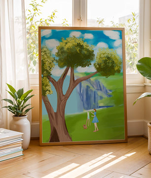 Young woman painting near a tree by a waterfall with a vibrant sky
