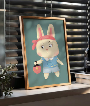 Illustration d'un lapin cartoon avec un bandeau et un sac rond
