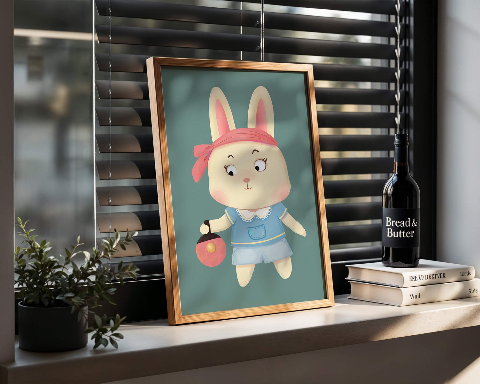 Illustration d'un lapin cartoon avec un bandeau et un sac rond