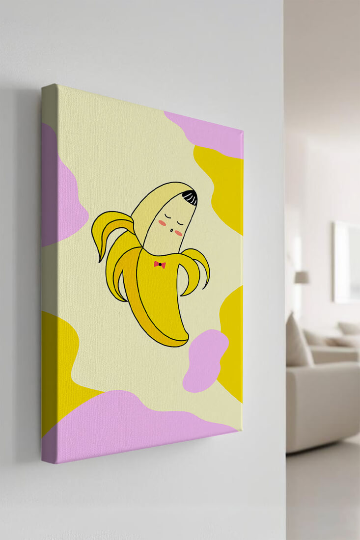 Quirky animated banana with bow tie on colorful abstract background