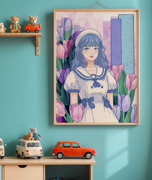 Illustration d'une fille en robe de marin parmi des tulipes avec une palette de couleurs pastel